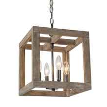 SOLO 4-Light 11" Farmhouse Wood Black Chandelier, Square