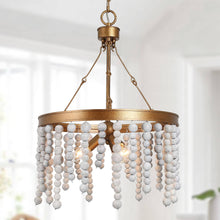 Rutilar 3-Light 17" Coastal Gold and White Chandelier, Wood Beads