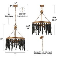 Rutilar 3-Light 17" Coastal Black and Gold Chandelier, Wood Beads