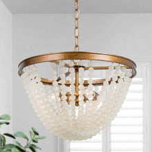 Nymphaea 3-Light 15.5" Coastal Gold&White Chandelier, Wood Beads