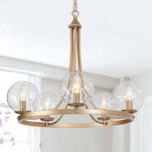 Tyrone 5-Light 24" Modern Globe Glass Gold Chandelier, Wagon Wheel