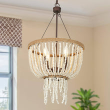 Abajlen 4-Light 17" Coastal Gold Chandelier, White Wood Beads