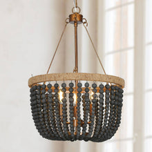 Amaranth 3-Light 16" Coastal Black Chandelier, Wood Beads & Ropes