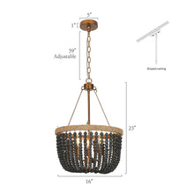 Amaranth 3-Light 16" Coastal Black Chandelier, Wood Beads & Ropes