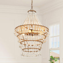 Sigrid 4-Light 17" Coastal Gold Chandelier, Tiered Wood Beads&Rope