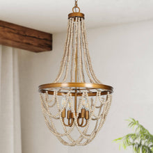 Mushrooms 4-Light 18" Coastal Brushed Gold Chandelier, Wood Beads