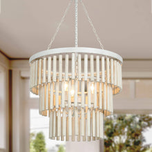 Xystus 3-Light 19" Coastal White Wood Chandelier, Tiered Cylinder