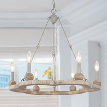 6-Light 23.5" Farmhouse Wood Chandelier, Candlestick Circle