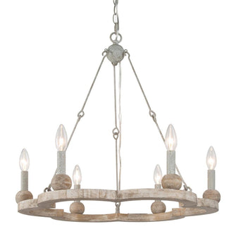 6-Light 23.5" Farmhouse Wood Chandelier, Candlestick Circle