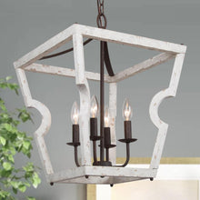 4-Light 16" Farmhouse White Wood Chandelier, Lantern, Square Cage