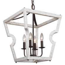 4-Light 16" Farmhouse White Wood Chandelier, Lantern, Square Cage