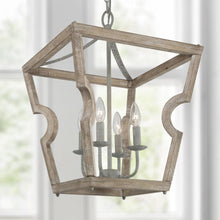 4-Light 16" Farmhouse Wood Chandelier, Lantern, Square Cage