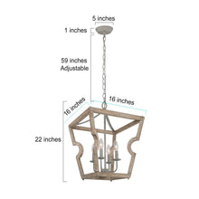 4-Light 16" Farmhouse Wood Chandelier, Lantern, Square Cage