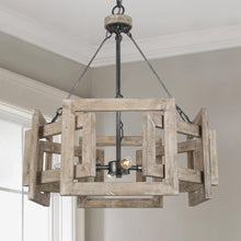 4-Light 20" Farmhouse Wood Chandelier, Drum, Wood Finish