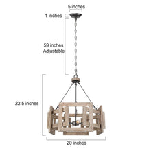 4-Light 20" Farmhouse Wood Chandelier, Drum, Wood Finish