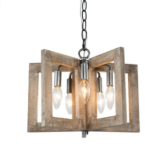 5-Light 14" Farmhouse Wood Chandelier, Fan, Wood Finish