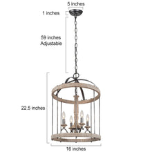 4-Light 16" Farmhouse/Rustic Wood Chandelier, Birdcage