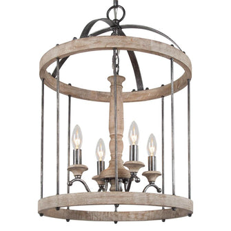 4-Light 16" Farmhouse/Rustic Wood Chandelier, Birdcage