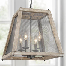 4-Light 15.5" Farmhouse/Rustic Wood Chandelier, Square Lantern