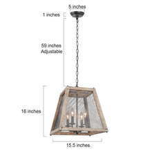 4-Light 15.5" Farmhouse/Rustic Wood Chandelier, Square Lantern