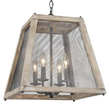 4-Light 15.5" Farmhouse/Rustic Wood Chandelier, Square Lantern