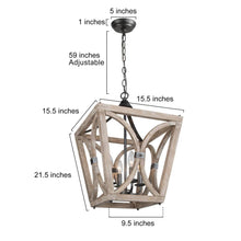 4-Light 15.5" Farmhouse/Rustic Wood Chandelier, Lantern