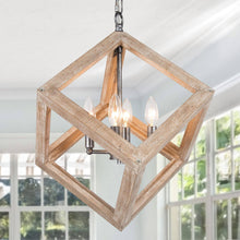 SOLO 4-Light 15.5" Farmhouse/Rustic Wood Chandelier, Square