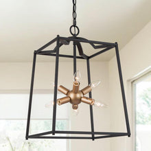 6-Light 14" Minimalist Black Chandelier, Square, Exposed Bulbs