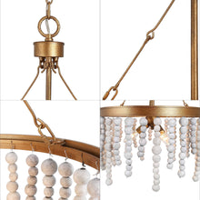 Rutilar 3-Light 17" Coastal Gold and White Chandelier, Wood Beads