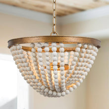 Nymphaea 3-Light 15.5" Coastal Gold&White Chandelier, Wood Beads