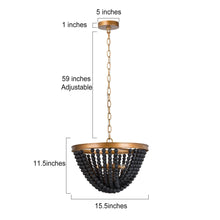 Nymphaea 3-Light 15.5" Coastal Gold&Black Chandelier, Wood Beads