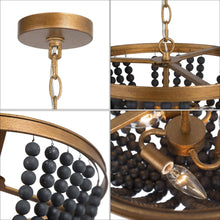 Nymphaea 3-Light 15.5" Coastal Gold&Black Chandelier, Wood Beads