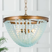 Nymphaea 3-Light 15.5" Coastal Gold&Blue Chandelier, Wood Beads