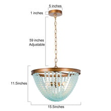 Nymphaea 3-Light 15.5" Coastal Gold&Blue Chandelier, Wood Beads