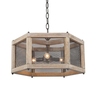 3-Light 18" Farmhosue Wood Chandelier, Drum, Hexagon