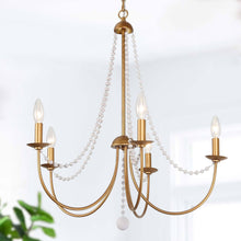 Alvin 5-Light 25" Modern Gold Chandelier, Candlesticks, Wood Beads