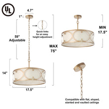 Cummiskey 3-Light 17.5" Modern Gold Chandelier, Fabric Shade,Metal