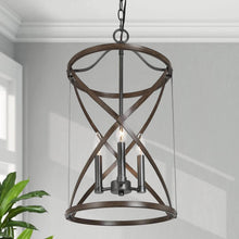 Houmi 3-Light 13" Farmhouse Chandelier, Faux Wood, Metal Cylinder