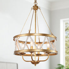 Jerusalem 4-Light 15.5" Coastal Gold Chandelier, Wood Beads Drum