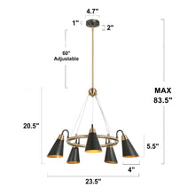 Anthurium 5-Light 23.5" Modern Black&Gold Chandelier, Wagon Wheel