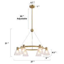 Amaduz 6-Light 27" Modern Glass Cone Gold Chandelier, Wagon Wheel