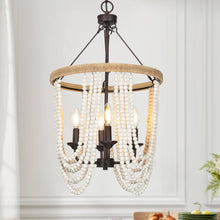 Mystralyn 4-Light 16" Coastal Gold Chandelier, White Wood Beads