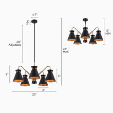 Noah 5-Light 22" Modern Metal Cone,  Black Chandelier, Radial