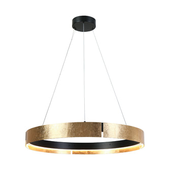 1-Light 28" Modern Black LED Chandelier, Wagon Wheel, Goldleaf